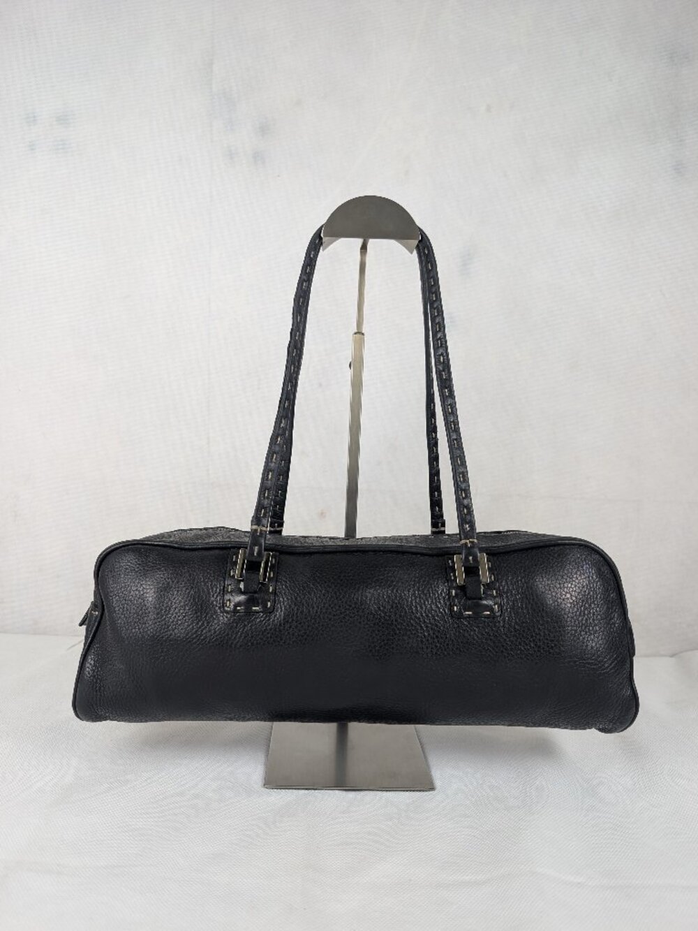 Authentic Fendi Black Leather Selleria Bowling shoulder bag Made in Italy.